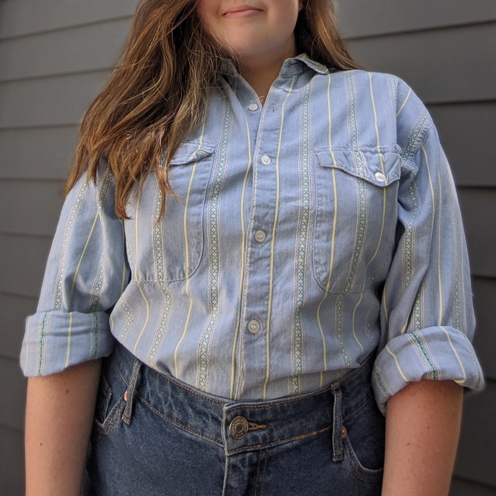 Retro Vintage 80s Denim Striped Button Up